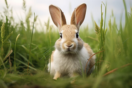 Captivating Contrast: The White and Brown Rabbit Frolicking in a Lush Green Fieldの素材