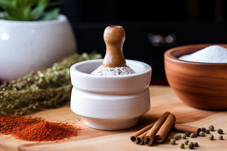 Aesthetic Harmony: The Elegance of a White Ceramic Condiment Shaker Next to a Brown Wooden Mortar anの素材