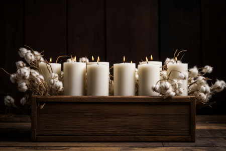 Aesthetically Pleasing Contrast: White Candles Illuminating a Brown Wooden Crateの素材