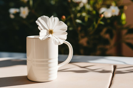 Harmonious Elegance: A White Ceramic Mug Embraced by White Petaled Flower --ar 3:2の素材