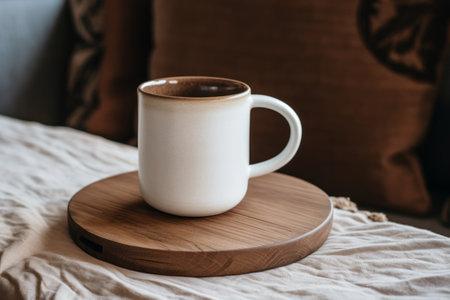 Stylish White Ceramic Mug on Elegant Brown Wooden Tray: Aesthetic Harmony Exploring the AR 3:2 Perspの素材