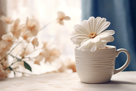 Aesthetic Harmony: Delicate White Petals Adorn a White Ceramic Mugの素材