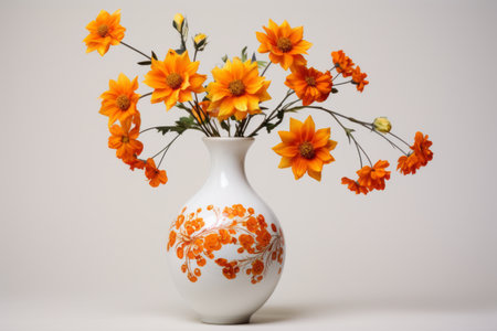 Blossoming Beauty: White Ceramic Vase Adorned with Vibrant Orange Flowers --ar 3:2の素材