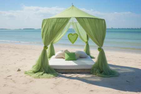Serene Beach Retreat: Elegant White Canopy Tent with Enchanting Green Heart Floor Decorの素材