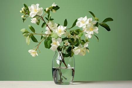 Breathtaking Harmony: A Exquisite Arrangement of White Flowers and Lush Green Leaves in a Clear Vaseの素材