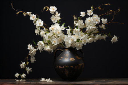 Elegance in Contrast: White Flowers in a Black Vaseの素材