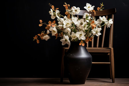 Contrasting Beauty: Elegant White Flowers Adorn Black Ceramic Vase Resting on a Brown Wooden Chairの素材