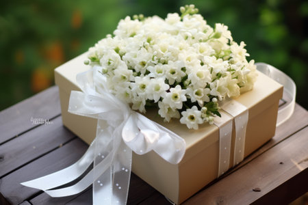 Pristine Blooms Enshrined: A Captivating White Flower Arrangement Unveiled inside Luxurious Gift Boxの素材