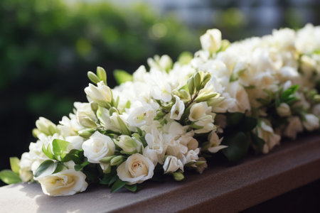 In Memoriam: Reverence and Remembrance with White Flowers on the Coffin --ar 3:2の素材