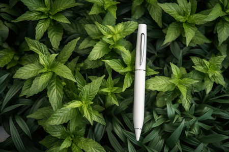 Blending Nature and Artistry: Capturing Elegance with a White Pen Near a Plant --ar 3:2の素材