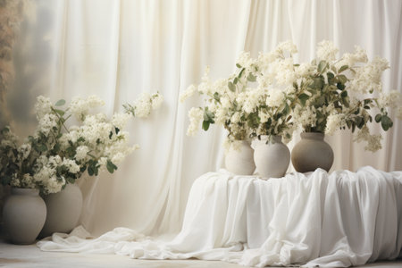 Symphony of Elegance: Exquisite White Potted Flowers Embraced by White Textiles - AR 3:2の素材