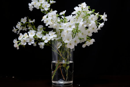 The Delicate Beauty of White Small Flowers in a Clear Glass Vaseの素材