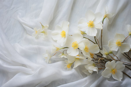 Blooming Beauty: White and Yellow Flowers Grace the White Textile - ar 3:2の素材