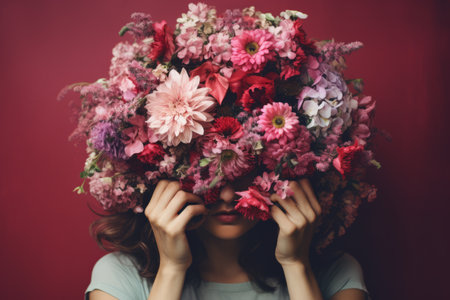 Blossoming Beauty: A Woman Concealing Her Face with a Floral Veil --ar 3:2の素材