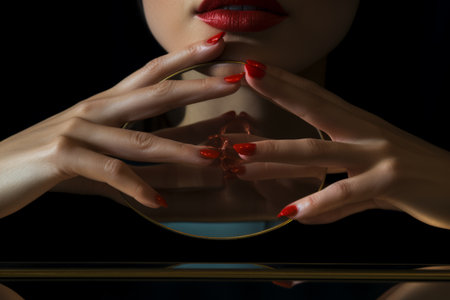 Mirror Reflection: Artistic Close-Up of a Womans Hand with Lipstickの素材