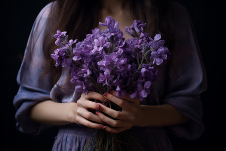 Vibrant Blooms: A Woman Embracing a Bouquet of Violet Flowers --ar 3:2の素材