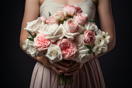 Blooming Love: A Woman Embracing a Stunning White and Pink Roses Bouquet - AR 3:2の素材