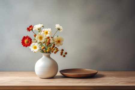 Elegant White Ceramic Vase Blooms on a Rustic Wooden Round Tableの素材