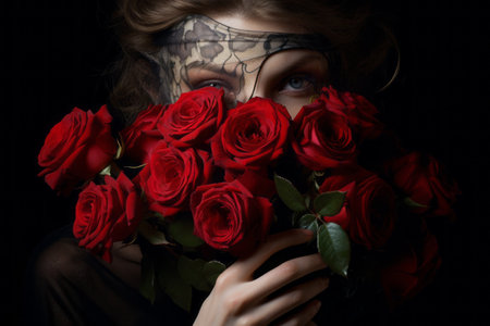Captivating Portrait: Woman Embracing Roses in a Stunning 3:2 Ratioの素材