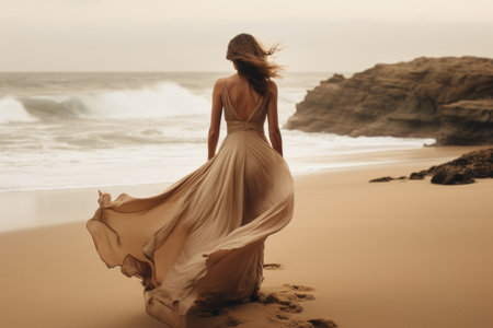 Serene Beauty: A Womans Graceful Stroll on the Sandy Shore -AR 3:2の素材