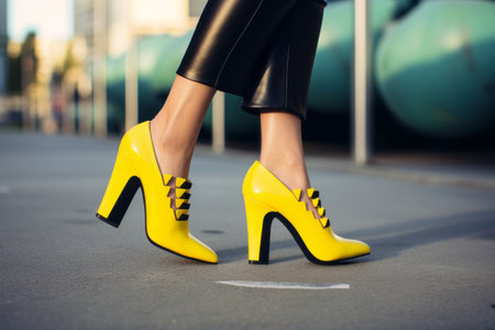 Fashionably Chic: The Woman in Black Bottoms Rocking Pair of Yellow Chunky Heelsの素材