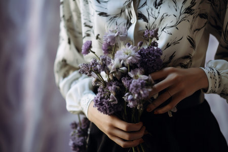 Exuding Elegance: A Captivating Woman in Black and White Floral Shirt Graces the Scene, Embracing Whの素材