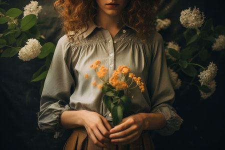 Blooming Elegance: Captivating Woman in Dress Shirt Caresses Flowers --ar 3:2の素材
