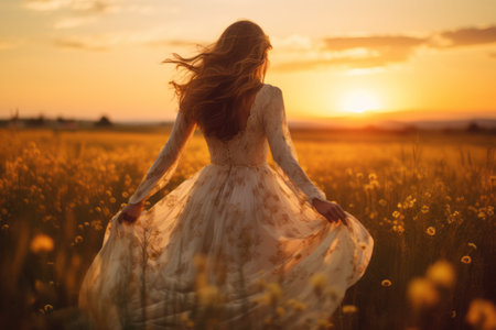 Serenity Embodied: Captivating the Woman in Dress on Meadow at Sunset (3:2 Aspect Ratio)の素材