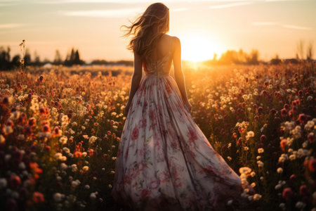 Blossoming Beauty: Captivating Woman in Long Dress amidst a Flower Field --ar 3:2の素材