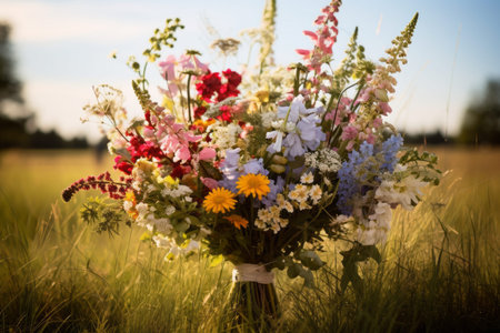 Burst of Color: A Vibrant Wildflower Bouquet Amidst Tall Grassの素材
