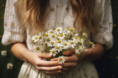 Charming Blossoms: A Woman Embracing Daisies â AR 3:2の素材