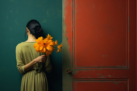 Mysterious Beauty: Woman Concealed Behind Door, Holding a Blooming Flower - AR 3:2の素材