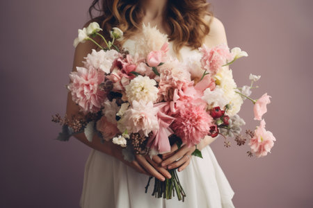 Breathtaking Beauty: A Woman Graced by an Exquisite White and Pink Flower Arrangement --ar 3:2の素材
