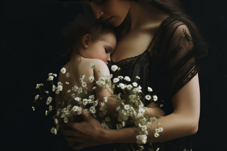 Blooming Serenity: A Woman Embracing Motherhood with Babys Breath Flowersの素材