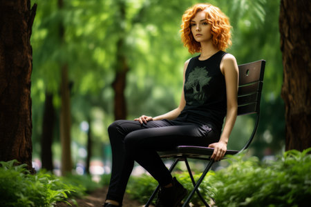 Serene Moments: A Woman in Black Tank Top Conveys Tranquility by the Green Trees --AR 3:2の素材