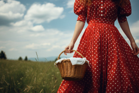 In Effervescent Elegance: A Woman in a Red and White Polka Dot Dress Gracing a Lush Green Grass Fielの素材