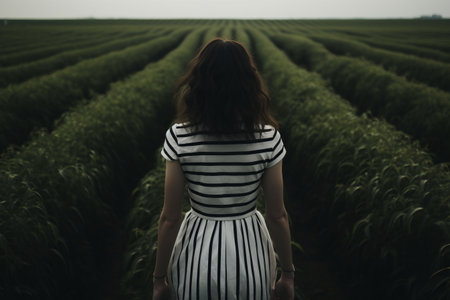 Bold Contrasts: Woman Embracing Nature in a Striking Striped Crop Topの素材