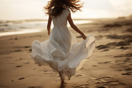 Graceful Muse: A Woman in White Dress Dashes Along the Sandy Shoreline--ar 3:2の素材