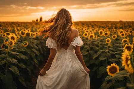 Serenity Amidst the Sunflowers: The Radiant Woman in the White Dressの素材