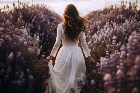 The Enchanting Beauty of a Woman in a White Dress Amidst a Vibrant Purple Flower Fieldの素材