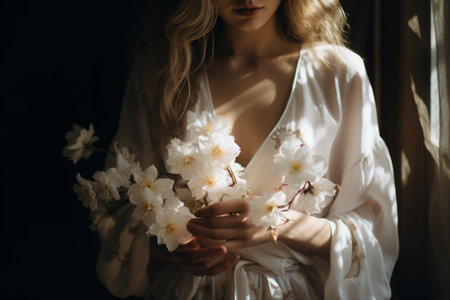 Elegant Woman Embracing Serenity: A Captivating Portrait of Grace and Purityの素材