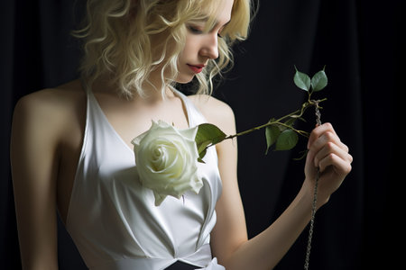 Elegance in Simplicity: A Woman Gracefully Adorned with a White Spaghetti Strap Top and White Rose -の素材