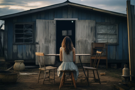 Captivating Scene: Serene Woman Amidst a Rustic Wooden House Surrounded by Abundance of Tables and Cの素材
