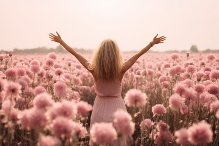 Embracing Joy: A Womans Serene Triumph Amidst a Sea of Pink Blossomsの素材