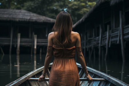 Captivating Serenity: A Woman Standing on a Brown Wooden Boat --ar 3:2の素材