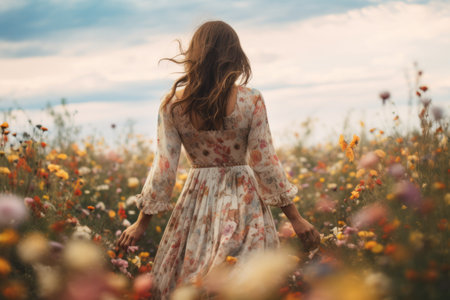 Blossoming Confidence: A Womans Radiant Stand on the Flower Fieldの素材