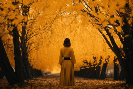 Captivating Serenity: A Woman Embracing Natures Beauty Underneath a Yellow Leaf Tree - AR 3:2の素材