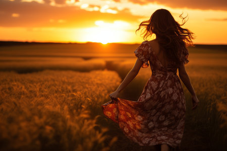 Serenity in Motion: Capturing Womans Stroll through a Sunset Field AR 3:2の素材