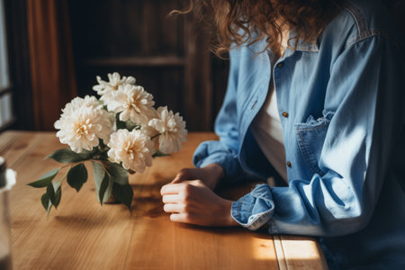Stylish Woman Embraces Spring Vibes in a Blue Denim Jacket: Enchanting Encounter with a White Flowerの素材