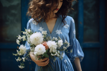 Graceful Elegance: A Woman in a Blue Dress Graces White Petals Bouquetの素材